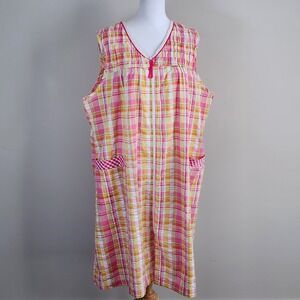 House Dress Womens XL Pink Plaid Zip Front Seersucker Loungewear Sleepwear Gran